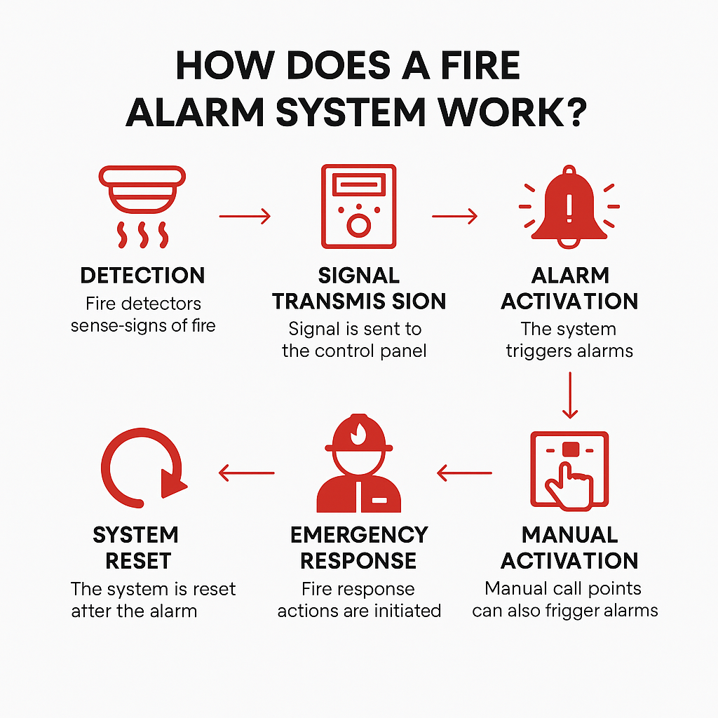 Infographics of How a fire alarm system works.