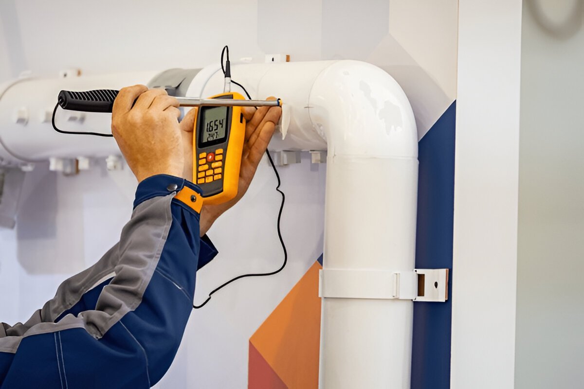 A technician is using a handheld gas detector to measure gas levels in a white industrial pipe, ensuring accurate monitoring and maintaining safety standards.