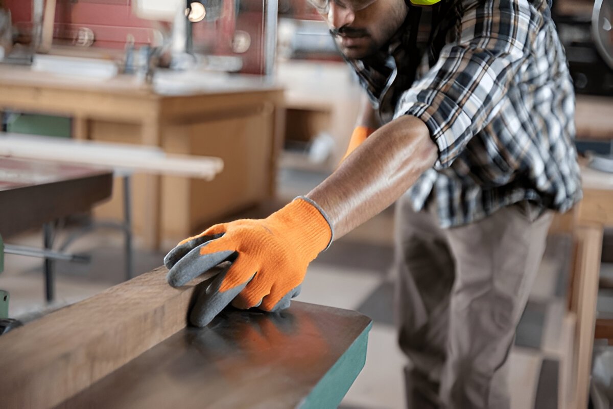 A worker wearing hand protection gloves and glasses is sanding or smoothing a wooden plank in a workshop
